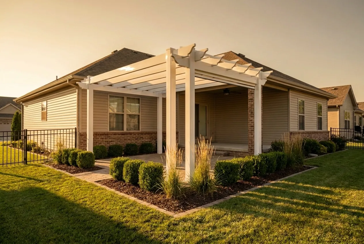 A white PVC pergola over a patio at a single-family home, shown in context with the house in late afternoon light.