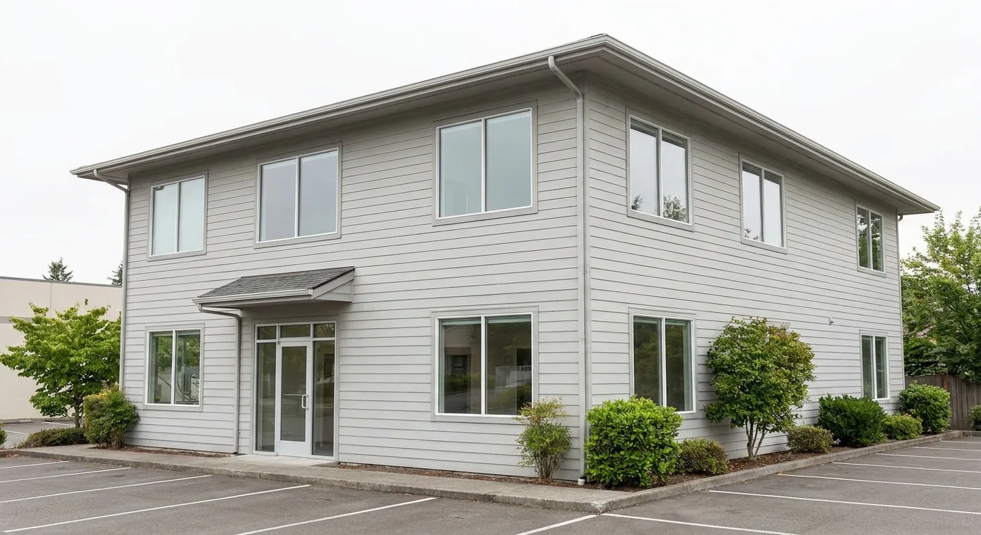 Exterior of a small commercial building with siding, shown as a material reference.