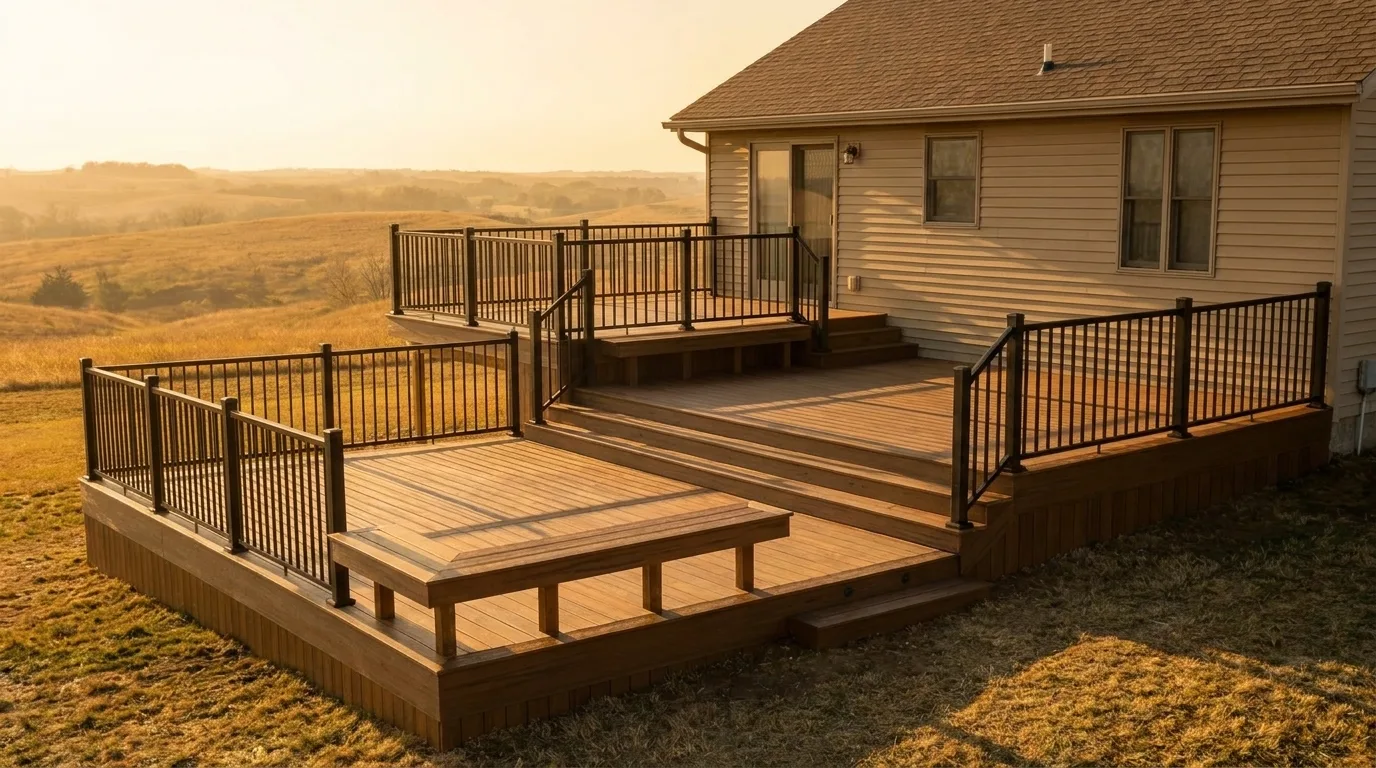 Wide shot of a finished multi-level composite deck with black metal railing on a Kansas home, late-afternoon light