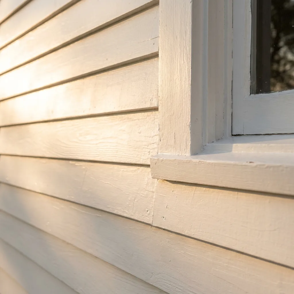 Close-up detail photo of a siding corner board and window trim, showing crisp, evenly spaced course reveals between each row.