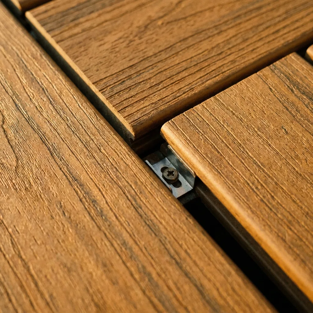 Close detail of composite deck board joinery and railing hardware