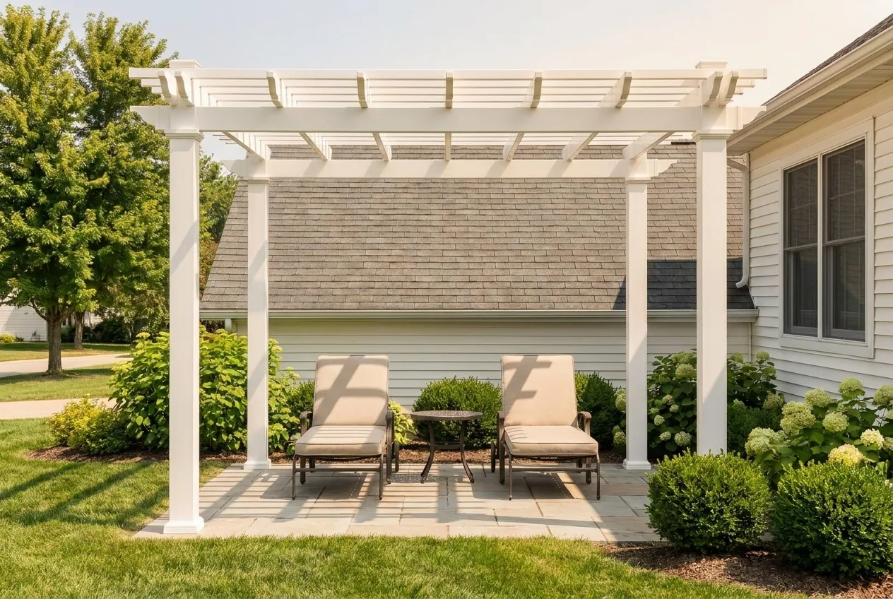A finished pergola over a furnished patio, afternoon sunlight filtering through the rafters and casting a shade pattern on the ground below.
