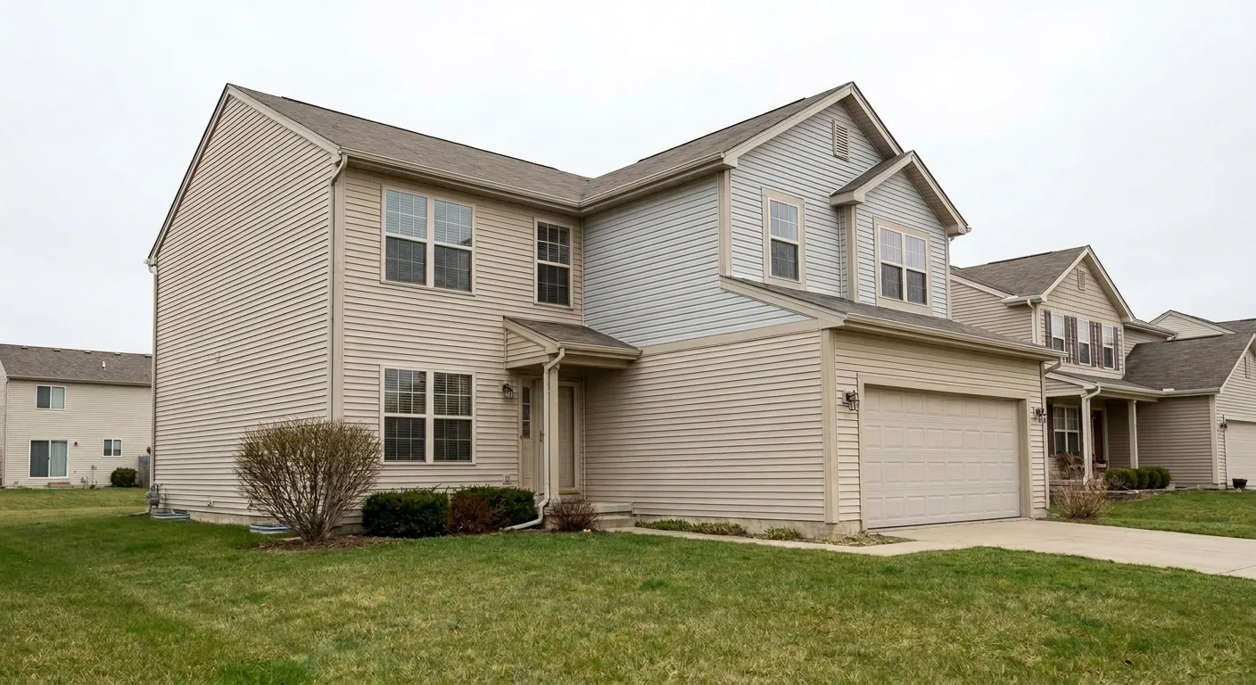 Two-story builder-grade suburban home with new siding installed, viewed from the front corner showing both elevations and trim lines.