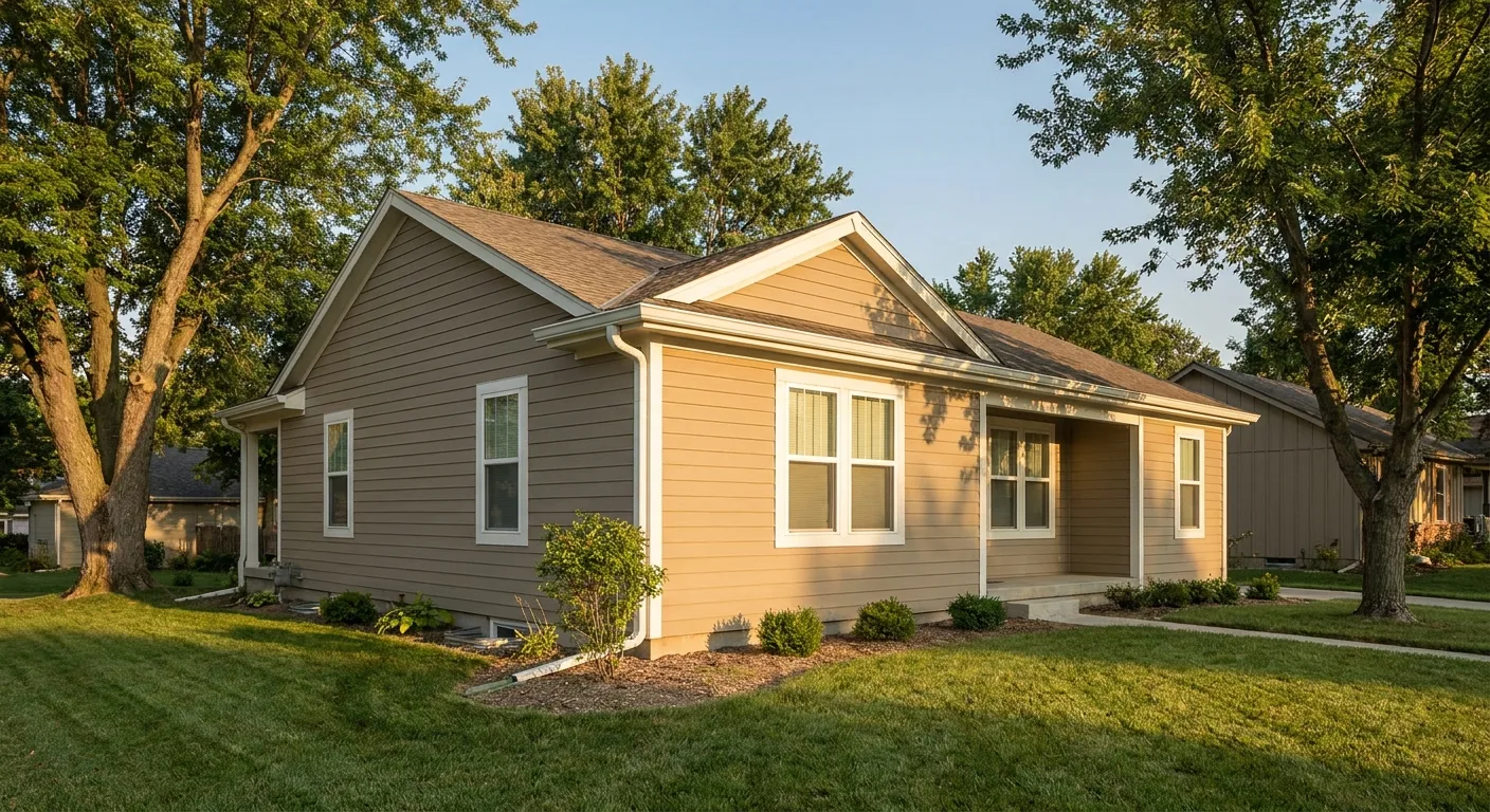 A single-story ranch-style home with new siding installed, corner post and window trim visible.