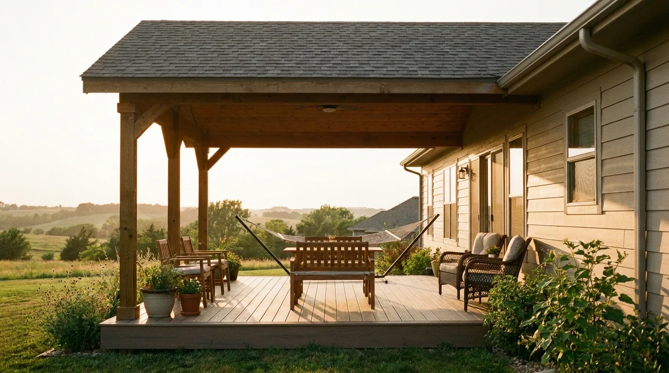 Finished composite deck with railing on a single-family home, furnished with outdoor seating