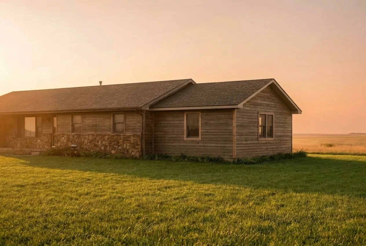 A finished room addition photographed at the point where it meets the original house, siding and trim matched.