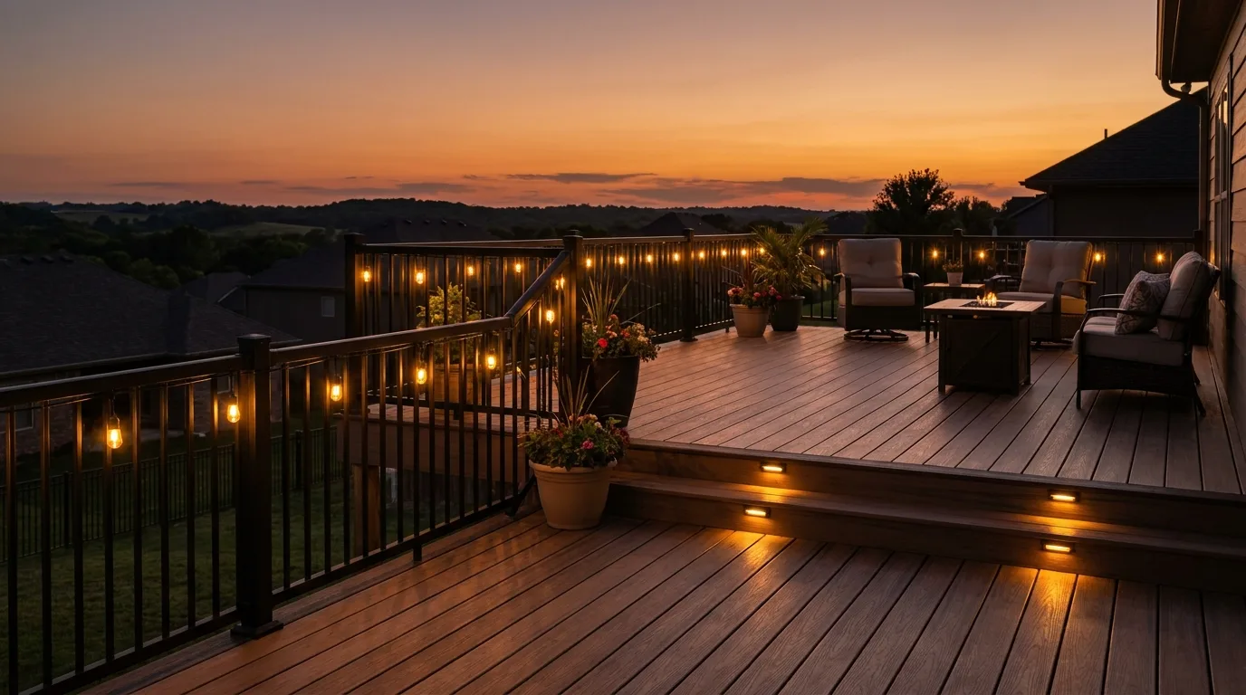 A finished composite deck with railing on a single-family house, furnished for evening use.